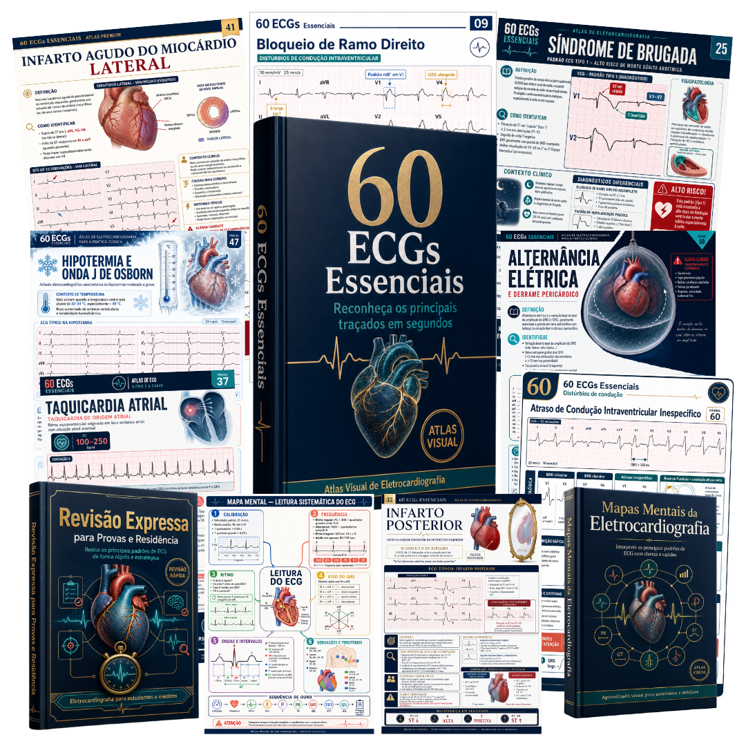 Composição do Atlas Visual da Eletrocardiografia com o livro principal, mapas mentais e páginas de ECG